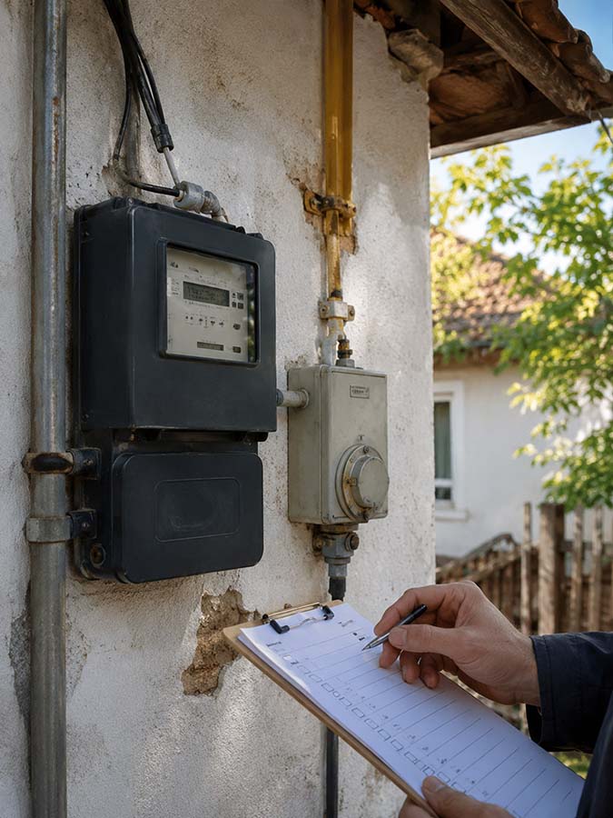 Prüfung von Strom und Gasanschlüssen an einem älteren Haus in Ungarn