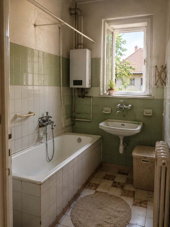 Älteres Badezimmer in ungarischem Haus mit sichtbarer Haustechnik und Sanierungsbedarf