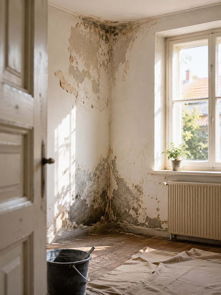 Feuchtigkeit und beschädigte Wand in einem alten Haus als Risiko beim Hauskauf in Ungarn
