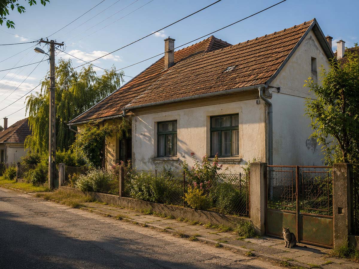 Typisches ungarisches Dorfhaus mit Stromkabeln, Garten, alter Straße und Katze am Tor