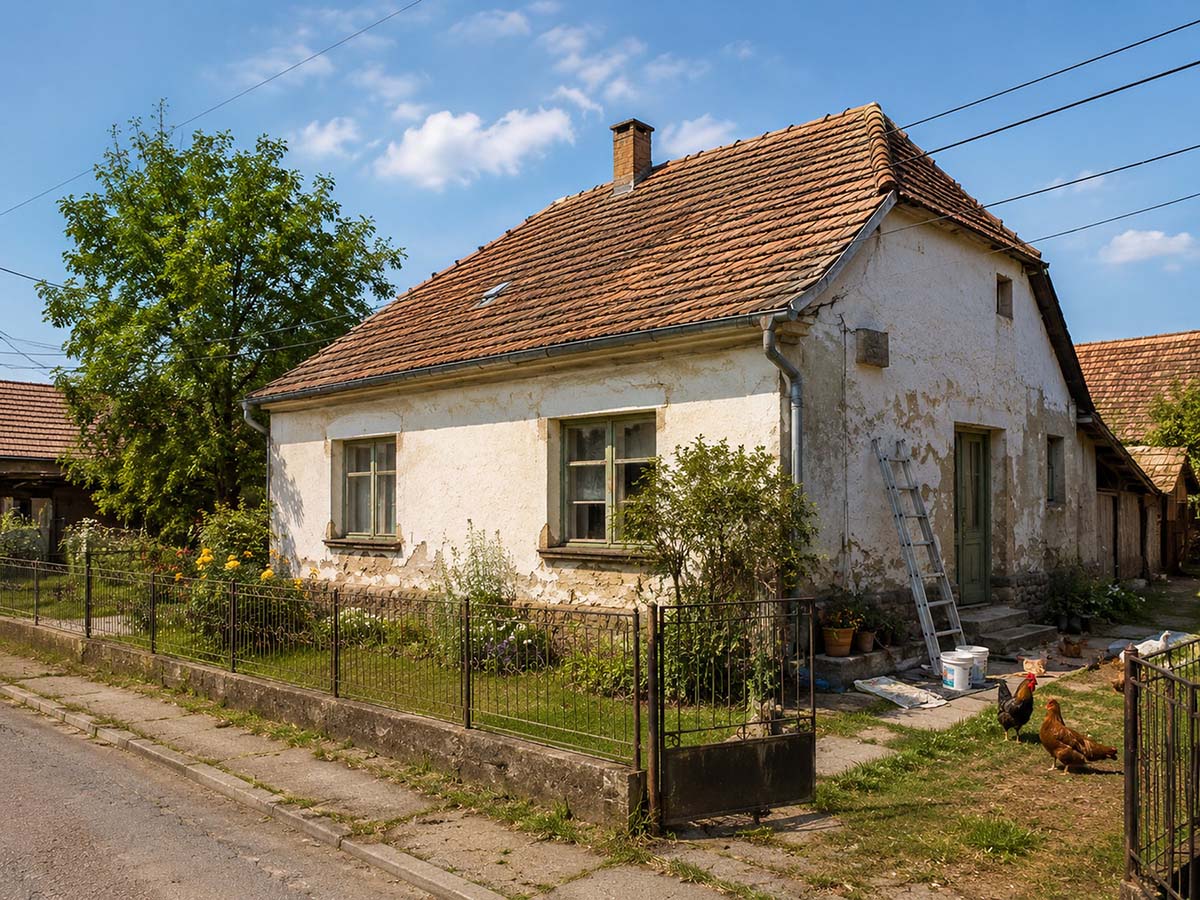 Renovierungsbedürftiges ungarisches Dorfhaus mit Garten, Leiter und Hühnern