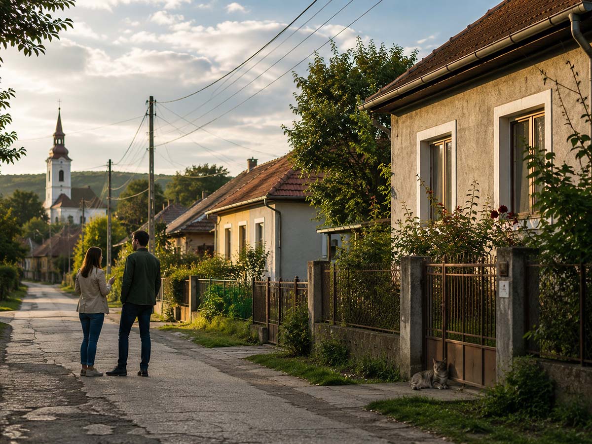 Ungarische Dorfstraße mit Häusern, Stromkabeln und Katze als Immobilienumfeld