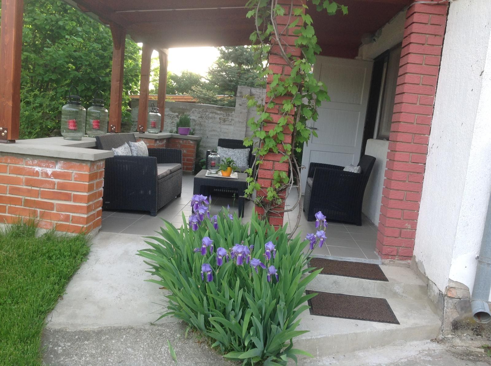 Terrasse mit blühenden Iris
