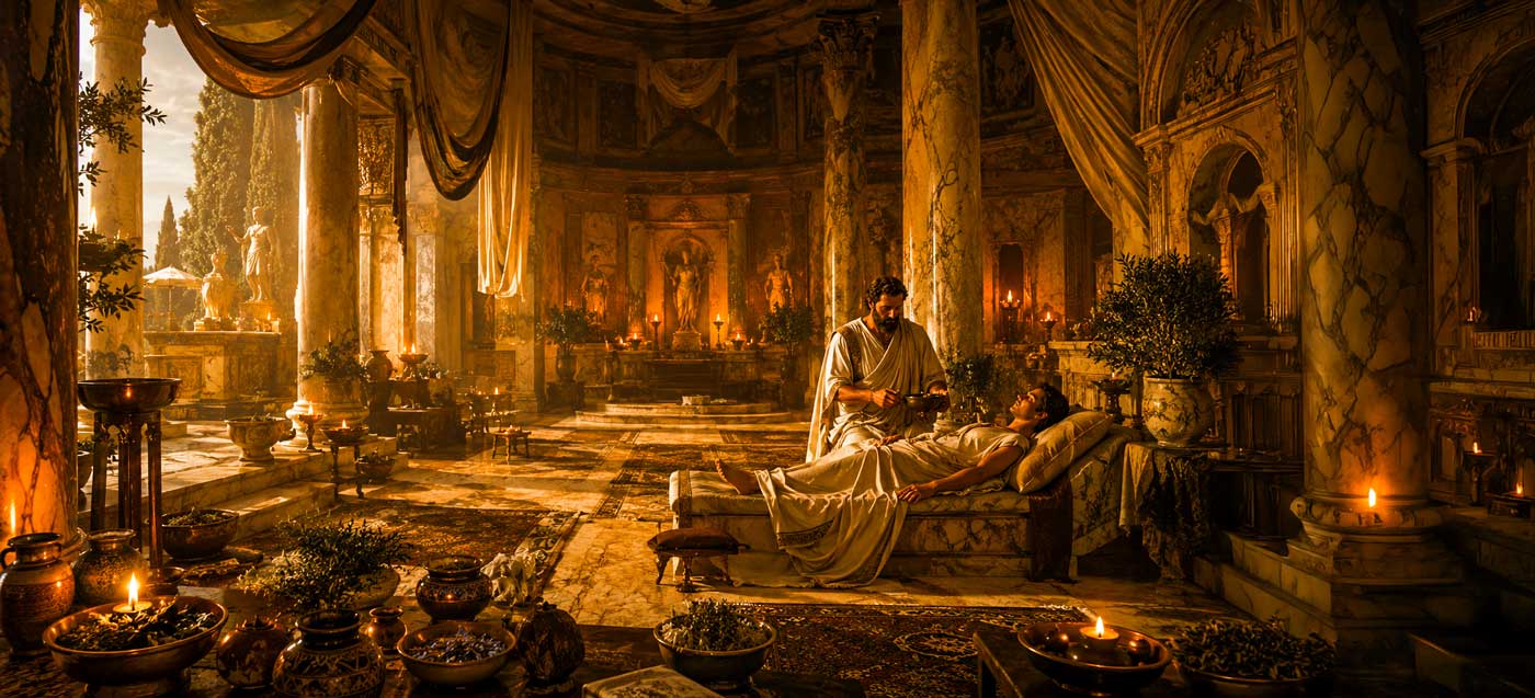 Historische Hypnose Darstellung: Schlafritual im antiken Tempel