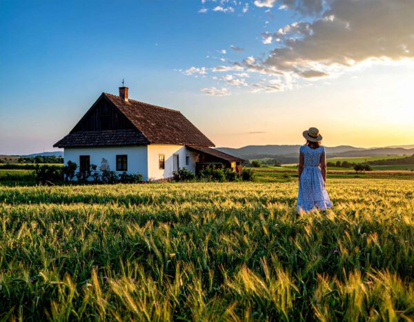 Tanya in Ungarn auf weiter Wiese, traditionelles Bauernhaus mit Nebengebäuden, flache Landschaft, blauer Himmel