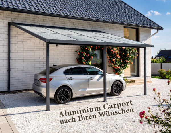 Eleganter Aluminium-Carport befestigt an moderner Hauswand, darunter hochwertiges Auto, umgeben von gepflegten Blumen und Einfahrt – stilvolle Lösung für gehobene Ansprüche.