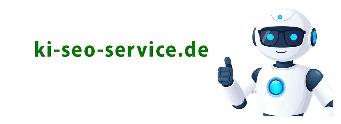 Roboter zeigt mit Finger auf die Domain KI SEO Service, symbolisiert KI-gestützte Suchmaschinenoptimierung