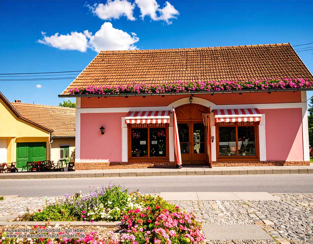 Vasvar - Geschäft in Ungarn, blauer himmel Sonnenschein es ist ein wunderschöner Tag.