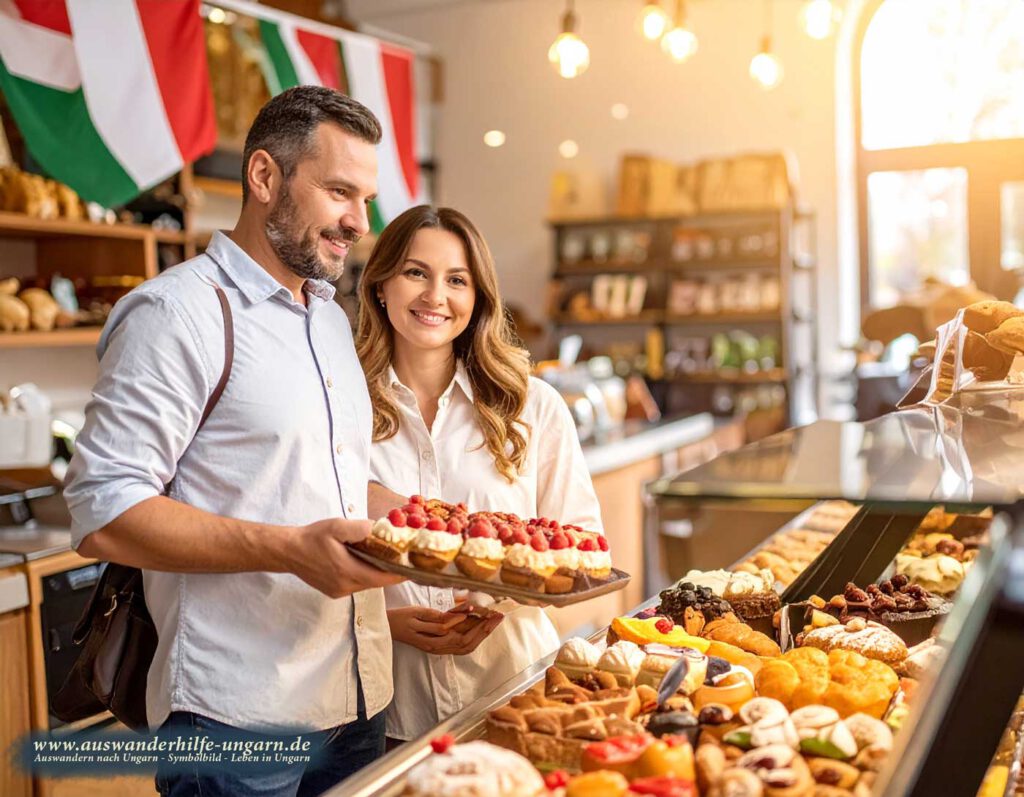 Lächelndes Paar kauft Gebäck in einer ungarischen Bäckerei; ungarische Flaggen im Hintergrund, warmes Sonnenlicht – Alltag in Ungarn.