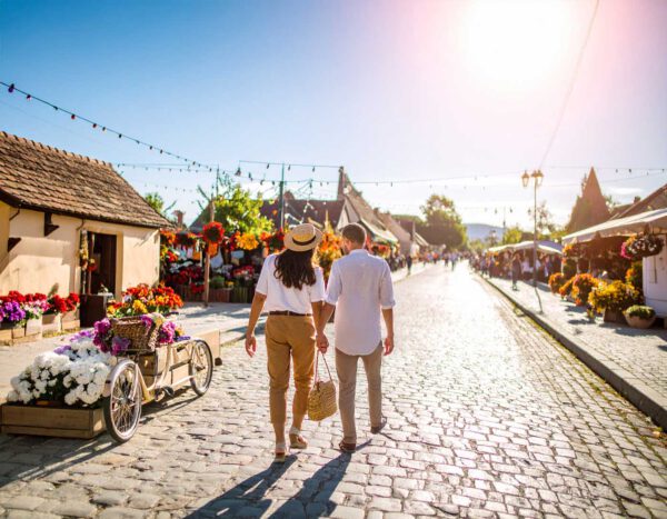 Ein Paar in leichter Sommerkleidung spaziert auf einer sonnigen Dorfstraße; links traditionelle Häuser, rechts Gärten, vorne eine Kirche mit zwei Türmen – Symbolbild, nicht Táplánszentkereszt