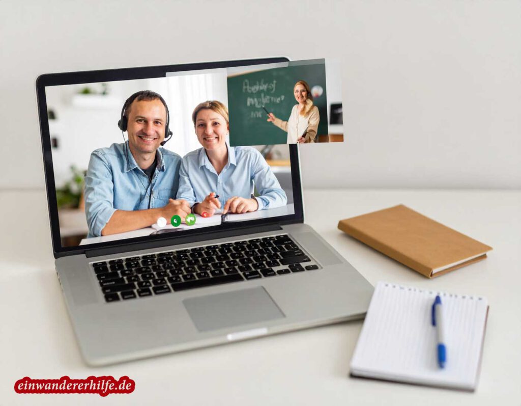 Pärchen beim Ungarischlernen per Videokonferenz mit ungarischer Lehrerin
