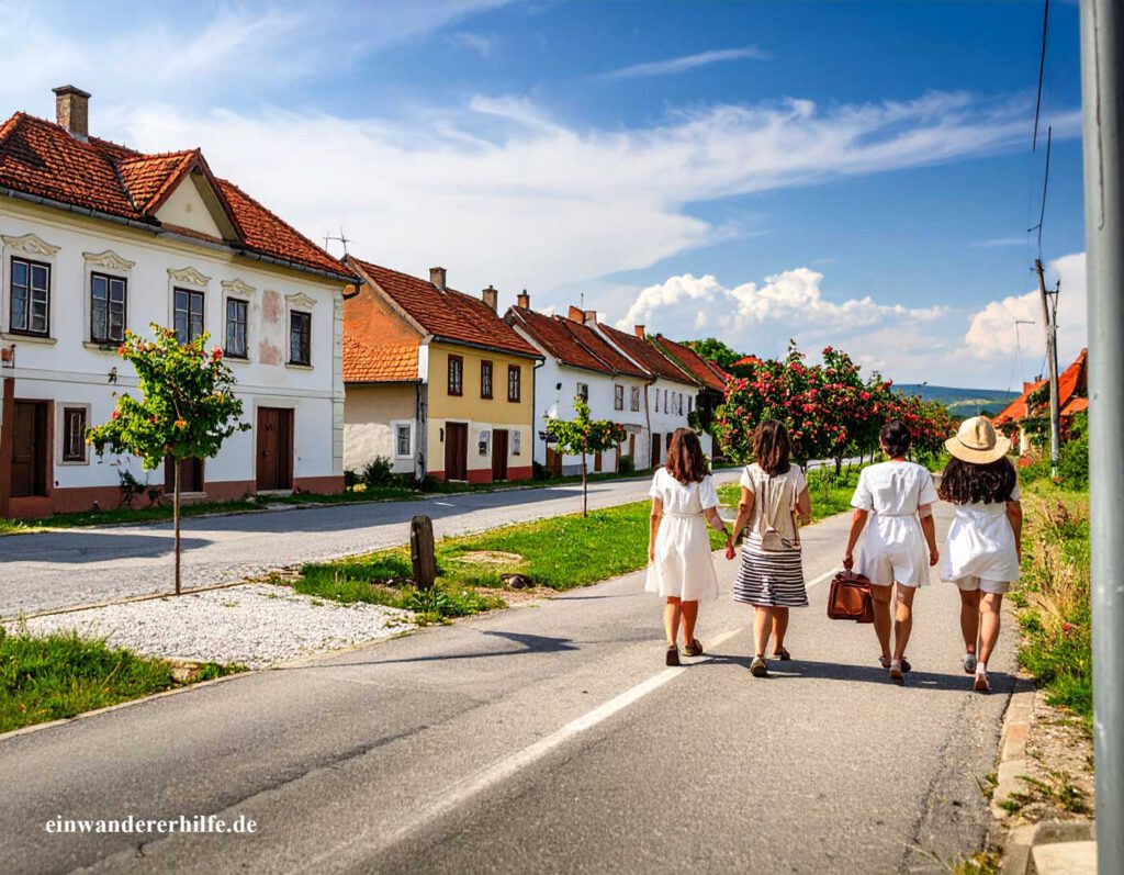 Ungarisches Dorf mit traditionellen Häusern und roten Ziegeldächern, vier Frauen spazieren bei Sonnenschein durch die Hauptstraße – idyllisches Leben in Ungarn.