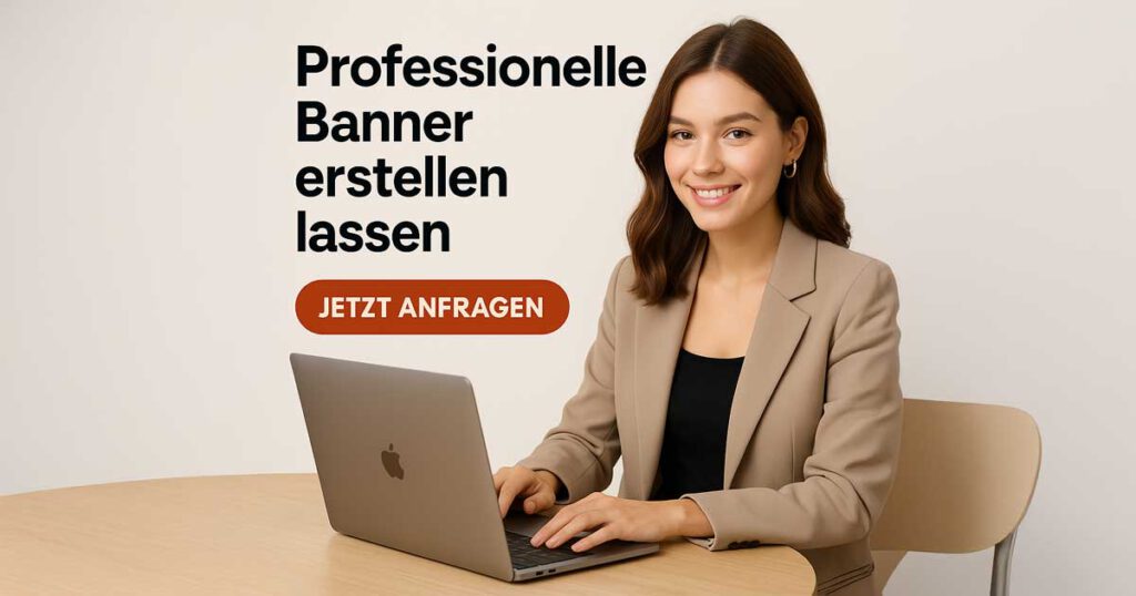 Junge, elegante Frau sitzt freundlich lächelnd am Laptop. Links daneben steht der Text: ‚Professionelle Banner erstellen lassen‘ mit einem orangefarbenen Button ‚Jetzt anfragen‘