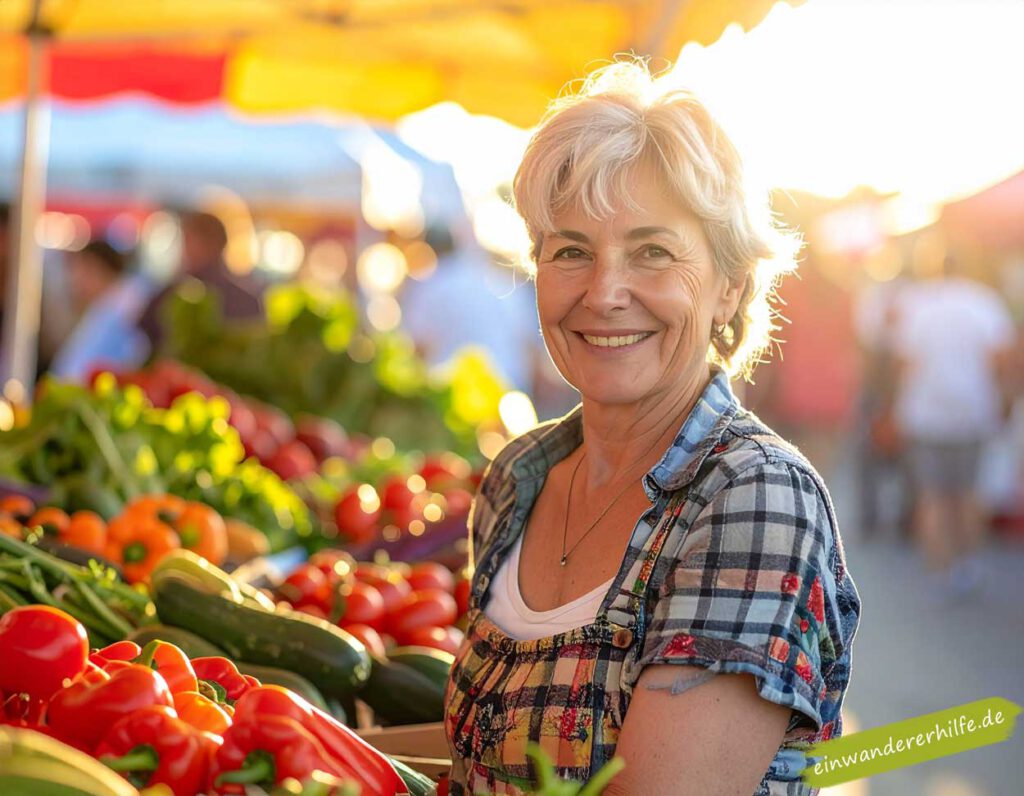 Frau kauft günstig frisches Gemüse auf Wochenmarkt in Ungarn, warme Sommerstimmung.