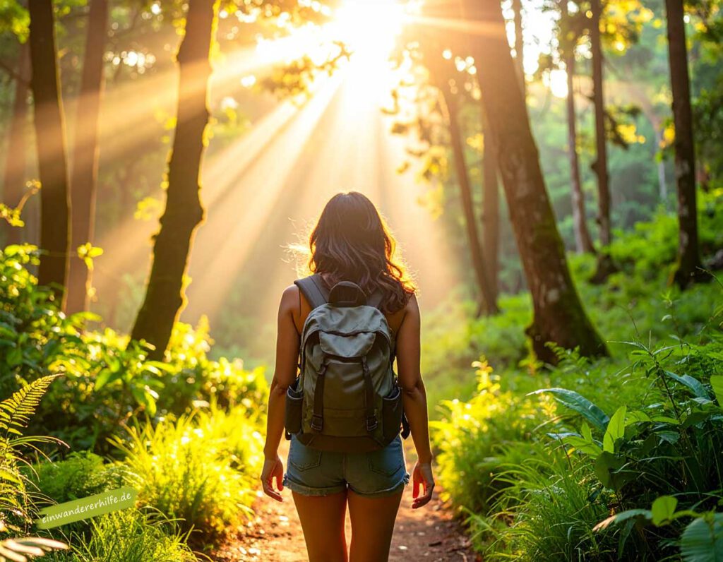 Frau genießt Wanderung in grüner Landschaft mit Wald und Fluss im Komitat Vas.