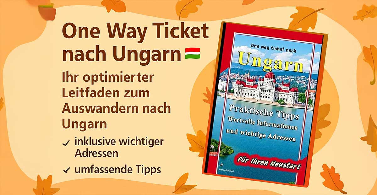 Buchcover von ‚One Way Ticket nach Ungarn‘ mit Blick auf Budapest und dem Hinweis auf praktische Tipps und wichtige Adressen für Auswanderer