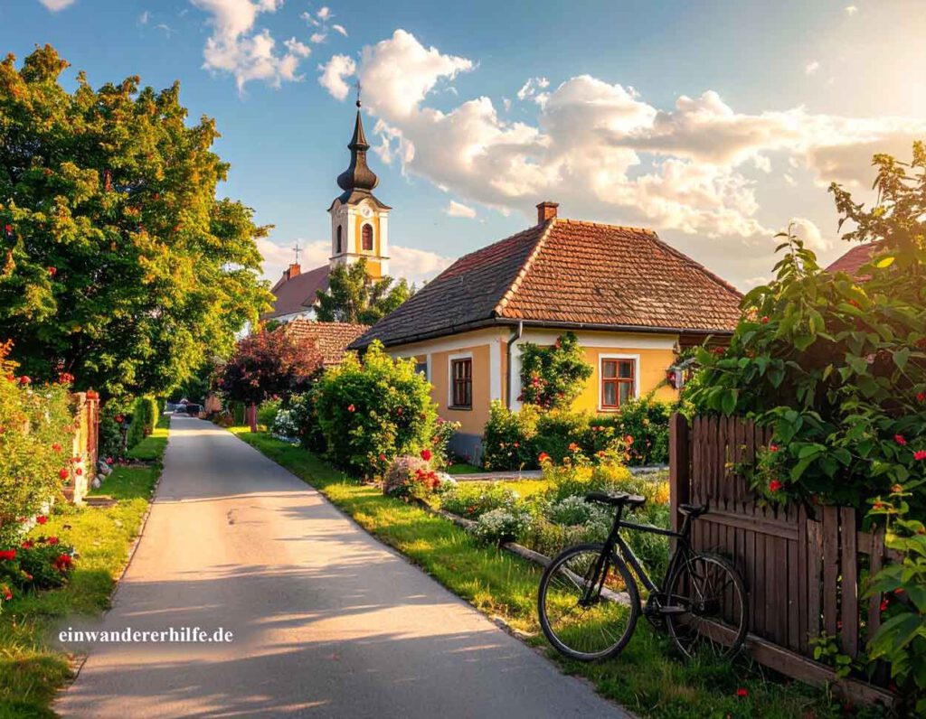 Romantische Dorfstraße in Ungarn mit traditionellen Häusern, blühenden Gärten, einem Fahrrad am Gartenzaun und einer Kirche im Hintergrund bei goldenem Abendlicht. Symbolisch für Repcelak