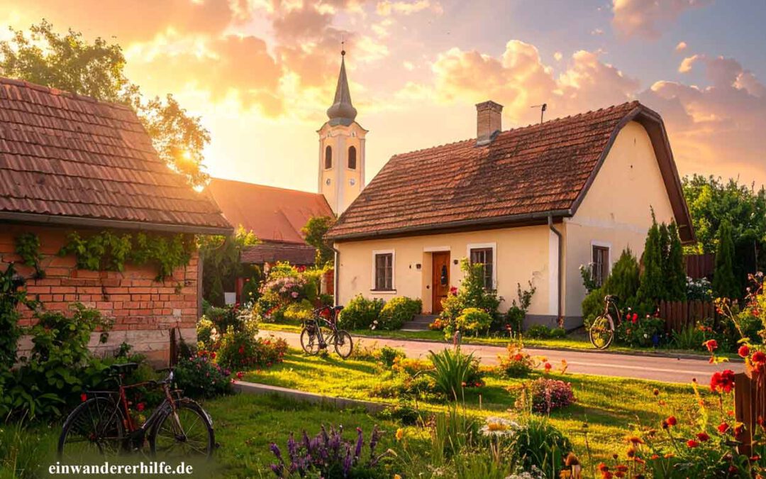 Traditionelles Dorfhaus in Ungarn mit Blumen im Garten, Fahrrädern und Kirchturm im Hintergrund – idyllisches Landleben in Ungarn. Symbolisch für Repcelak