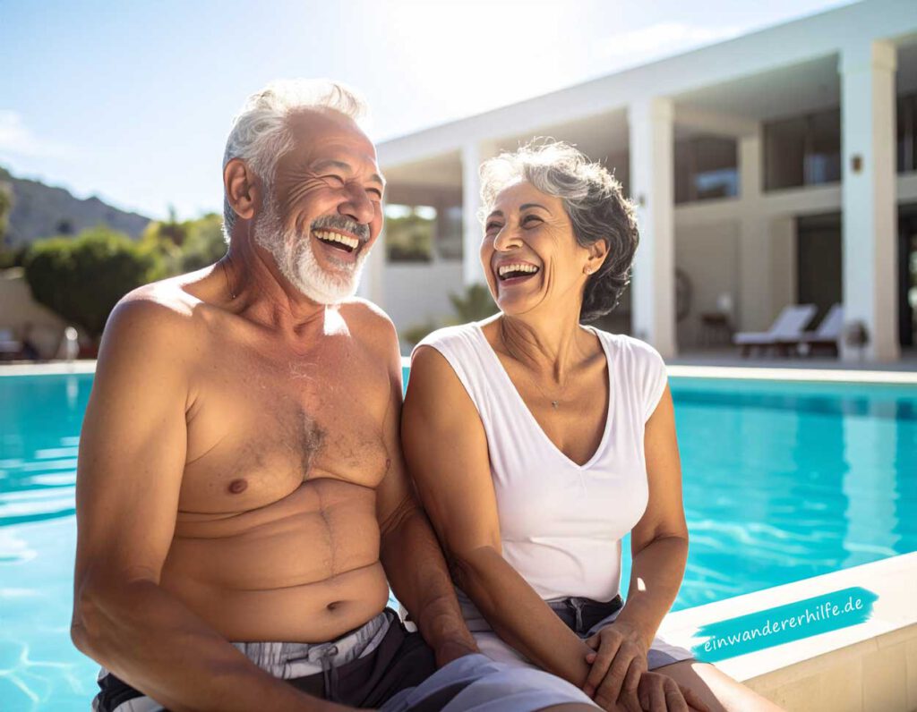 Senioren genießen sonnigen Tag im Thermalbad von Bük, Gesundheitsurlaub in Ungarn.