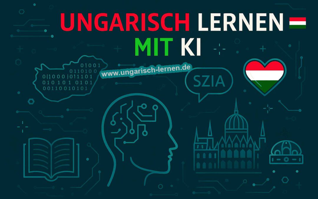 Grafik mit der Aufschrift „Ungarisch lernen mit KI“ in den ungarischen Nationalfarben. Abgebildet sind eine Landkarte Ungarns mit Binärcode, ein Kopf mit Schaltkreisen, ein Buch, das Parlamentsgebäude in Budapest, ein Herz in ungarischen Farben und eine Sprechblase mit „Szia“.