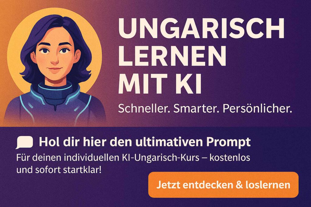 Illustration einer Frau mit kurzem dunklem Haar vor violettem Hintergrund. Daneben der Text „Ungarisch lernen mit KI – Schneller. Smarter. Persönlicher.“ Unten ein Hinweis: „Hol dir hier den ultimativen Prompt für deinen individuellen KI-Ungarisch-Kurs – kostenlos und sofort startklar!“ mit einem orangen Button „Jetzt entdecken & loslernen