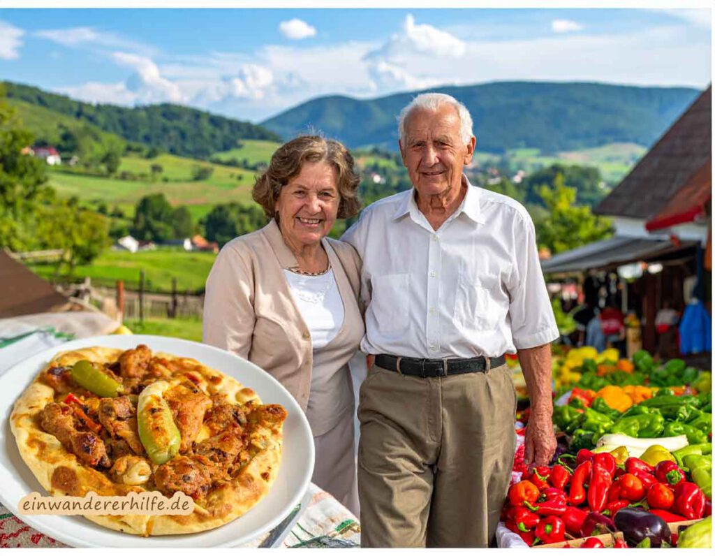 Collage mit ungarischem Dorf, älterem Paar, Pogácsa und Marktständen – Alltag und Leben in Ungarn im Überblick