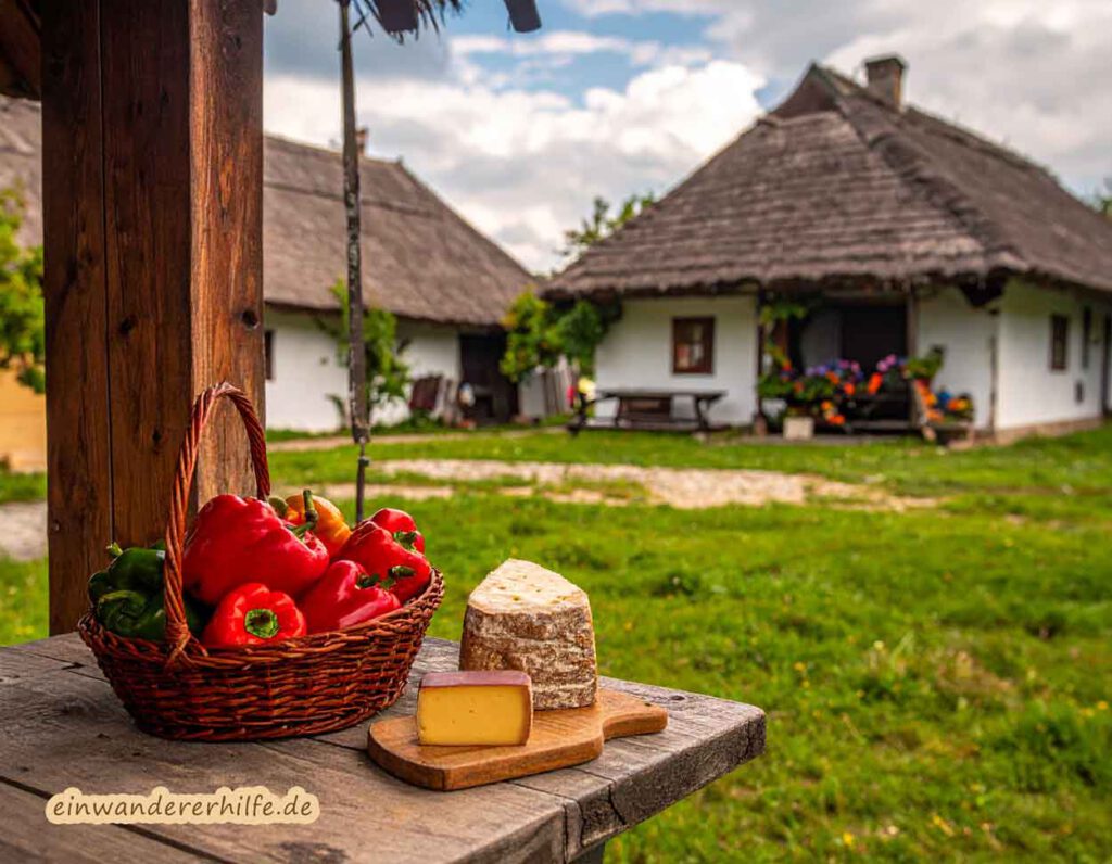 Ungarischer Markt mit Kolbász und Paprika vor Dorfhaus – Alltag und Auswanderer-Tipps für Ungarn