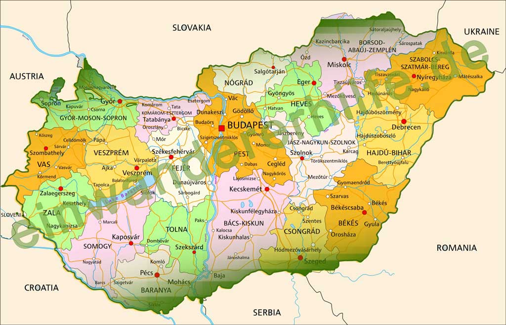 Karte von Ungarn mit farblich markierten Komitaten und Nachbarländern; zeigt die geografische Lage traditioneller Tanyas in ländlichen Regionen wie der Puszta.