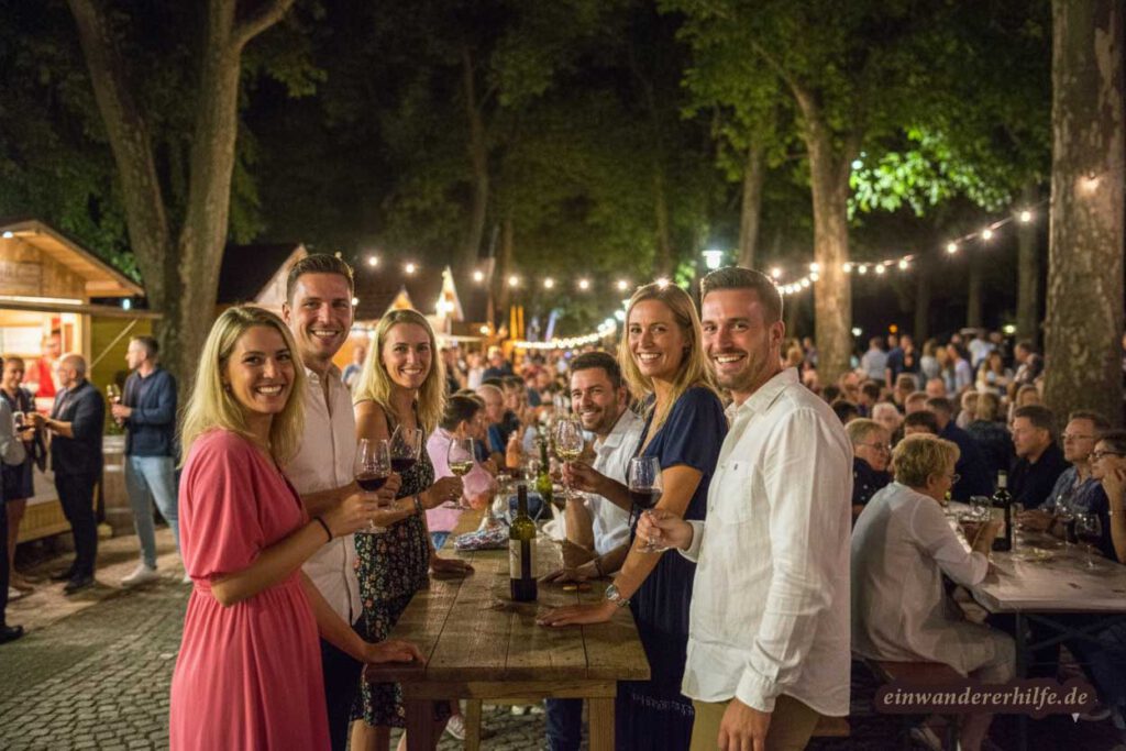 Eine Gruppe attraktiver, lächelnder Menschen hält Weingläser in der Hand auf einem belebten Weinfest in Ungarn bei Nacht.