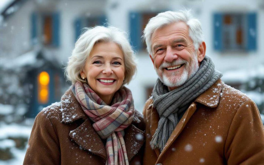 Älteres europäisches Ehepaar steht lächelnd im leichten Schneefall vor einem ungarischen Landhaus mit blauen Fensterläden – warme Winterjacken und Schals, freundliche und optimistische Stimmung.