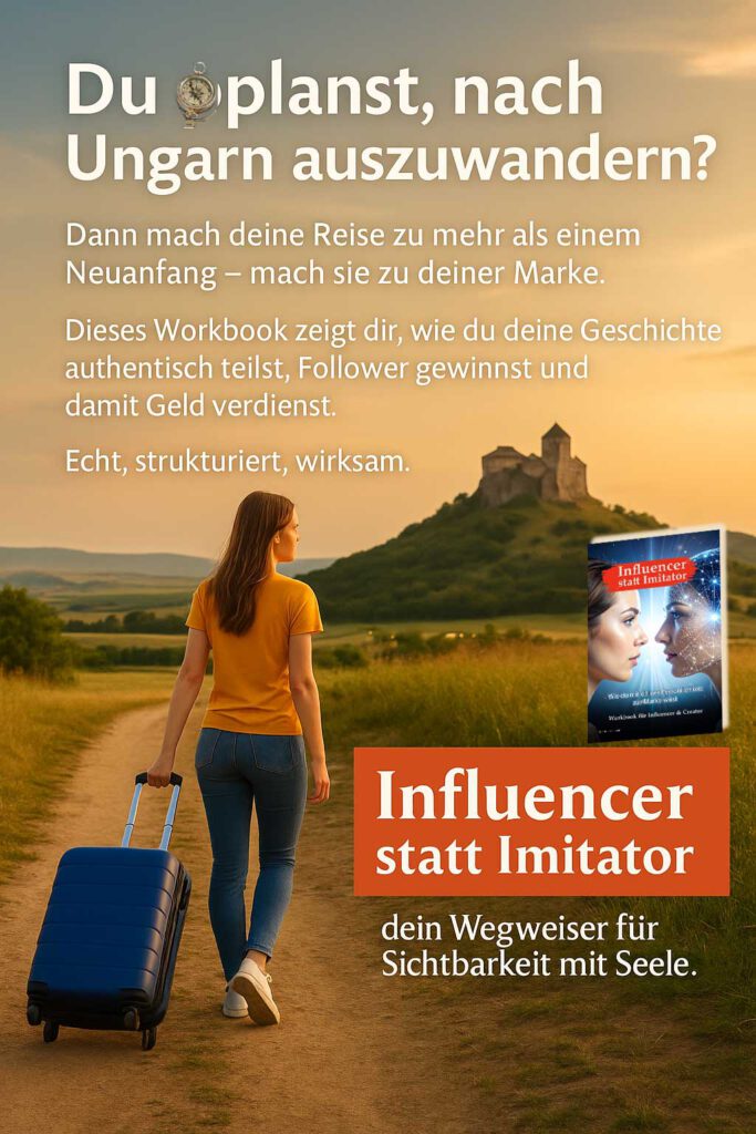 Frau mit Koffer auf dem Weg durch eine ungarische Landschaft, begleitet von Text über authentisches Influencer-Branding für Auswanderer – mit dem Workbook ‚Influencer statt Imitator