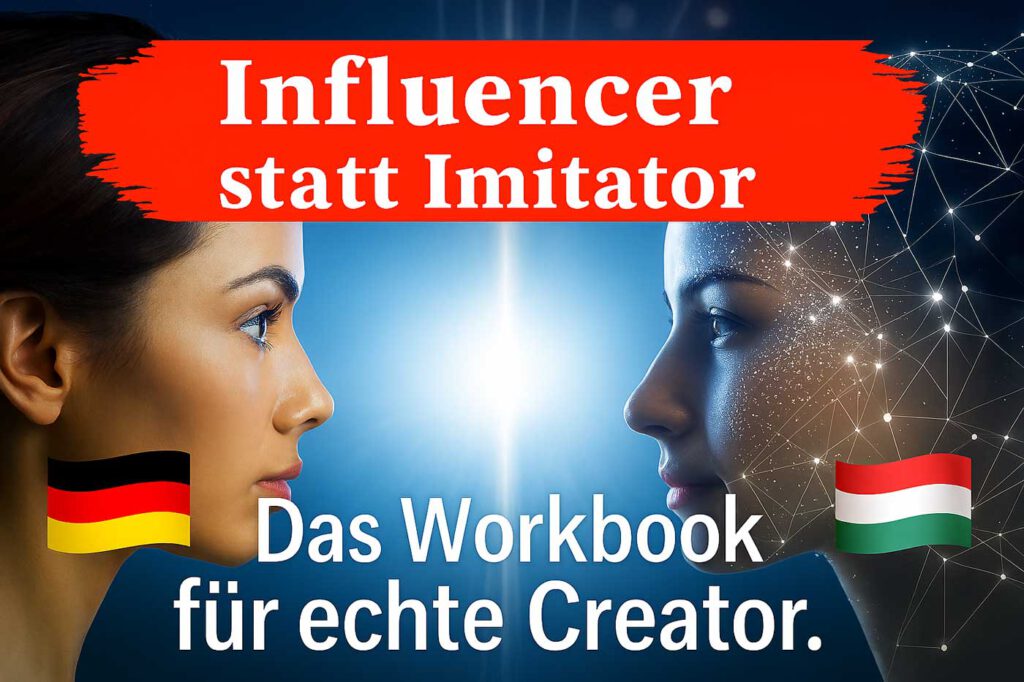 Zwei Frauenprofile im Vergleich: links ein echtes Gesicht, rechts ein digitales – mit deutscher und ungarischer Flagge, Symbol für authentisches Influencer-Branding im internationalen Kontext