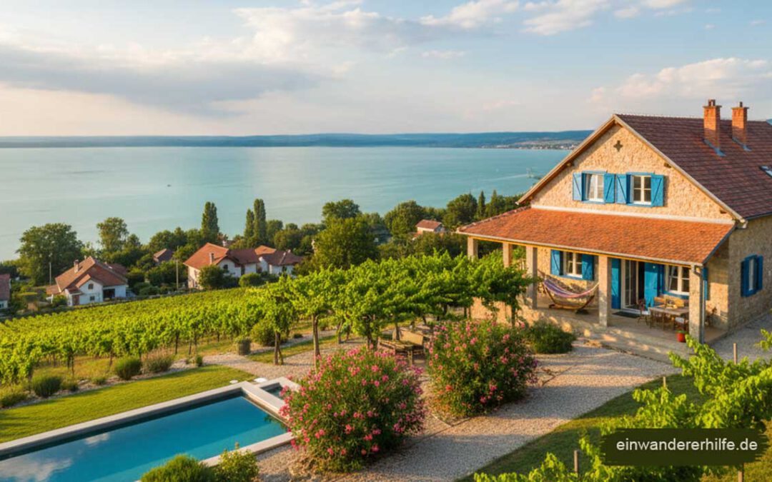 Traditionelles Ferienhaus mit blauen Fensterläden, Pool und Weinbergen, mit herrlichem Blick auf den Balaton Symbolbild für Badacsonytomaj in Ungarn.