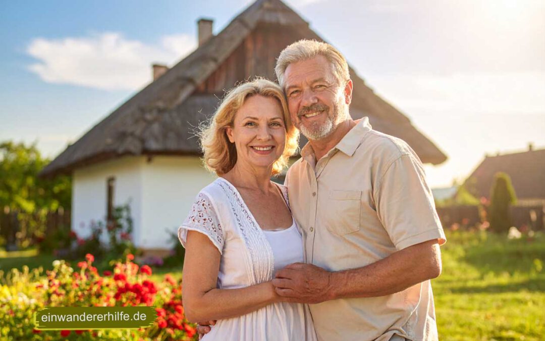 Älteres deutsches Ehepaar steht lächelnd vor einem traditionellen Landhaus wie in Csongrád, Ungarn – Symbol für ein erfülltes Rentnerleben und gelungene Auswanderung nach Ungarn. Style: Marion Schanné