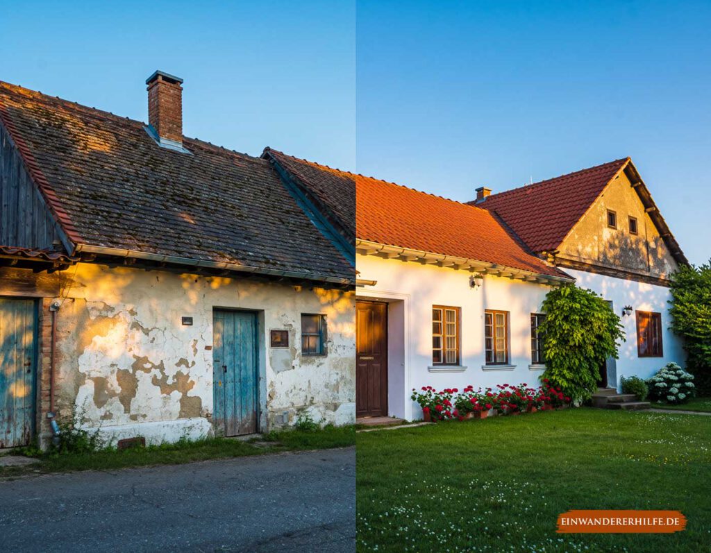 Vorher-Nachher-Vergleich eines ungarischen Bauernhauses: links alt und verwittert mit bröckelndem Putz und abgenutztem Dach, rechts frisch renoviert mit rotem Ziegeldach, weißen Wänden und blühendem Garten. Ein Beispiel dafür, wie Handwerker in Ungarn traditionelle Häuser mit Sorgfalt und handwerklichem Können erneuern.