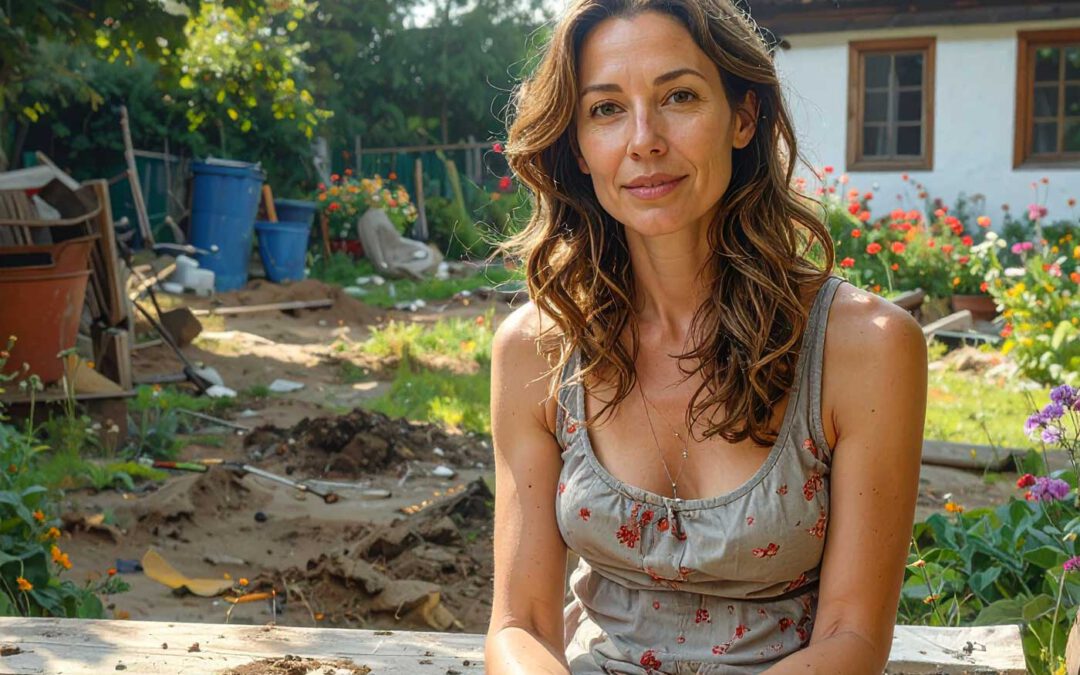 Attraktive Auswanderin in Ungarn sitzt auf ihrem Bauernhof zwischen Garten und Baustelle, erstellt Content für ihren Influencer-Blog über Auswandern und Leben auf dem Land
