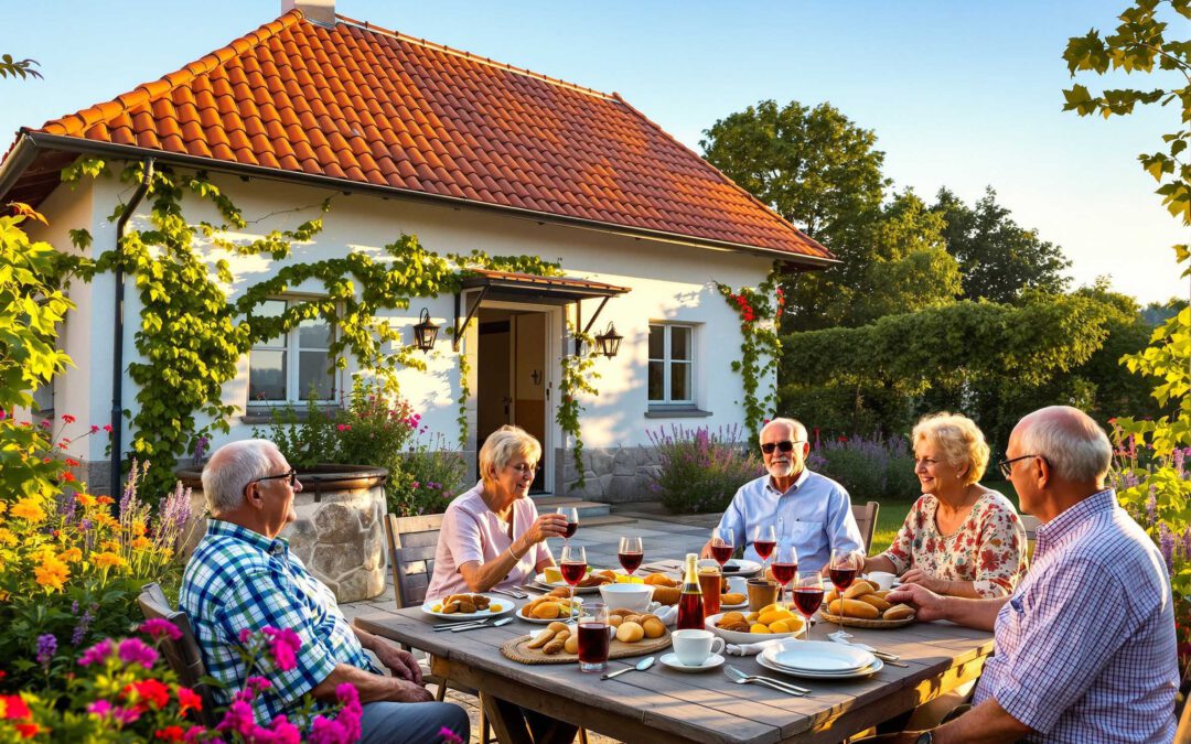 Eine Gruppe älterer Menschen genießt gemeinsam ein Abendessen im Garten eines ungarischen Hauses nahe Kaposvár – Symbol für die hohe Lebensqualität, günstige Immobilienpreise und gute Infrastruktur, die viele zum Auswandern nach Ungarn bewegen.