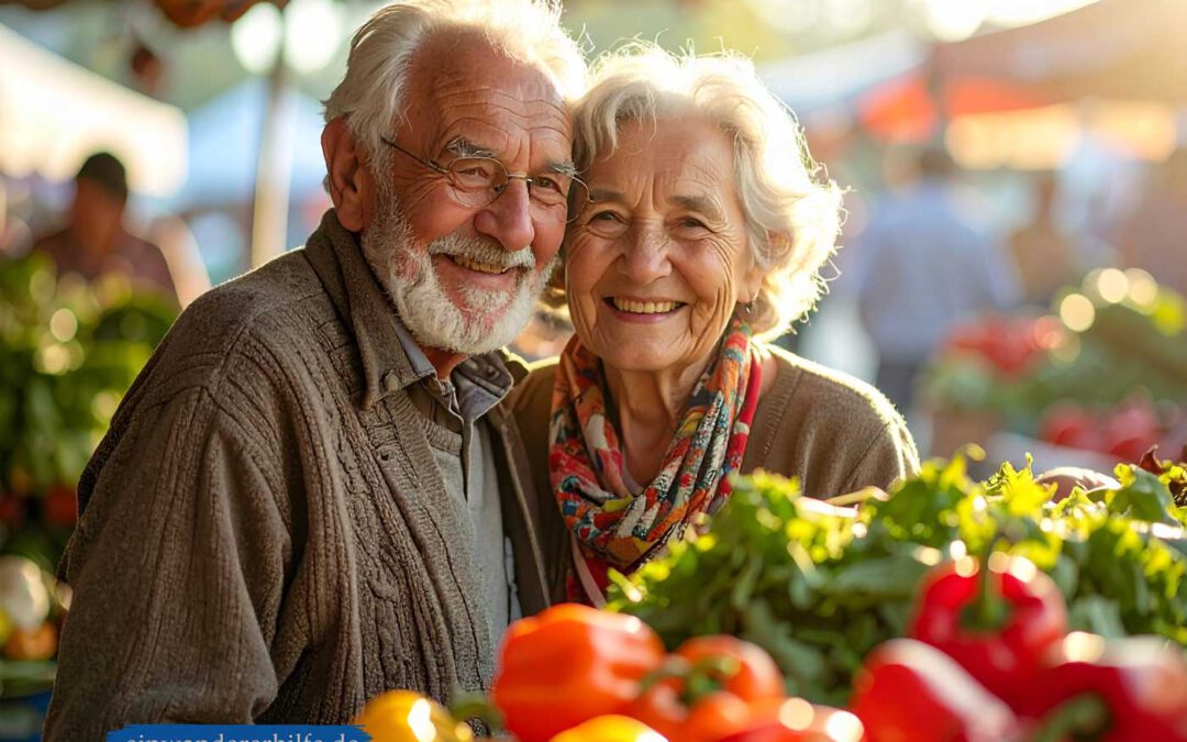 Deutsches Rentnerpaar auf dem Markt, vielleicht in Karcag in der ungarischen Tiefebene
