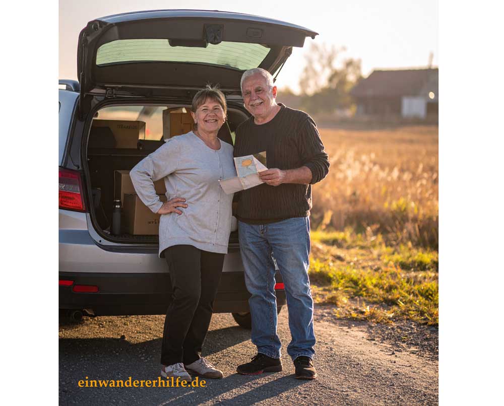 Ein älteres Paar steht glücklich neben seinem Auto am Rand von Szolnok, bereit für ein neues Leben in Ungarn – mit Karton voller Erinnerungen und einer Landkarte in der Hand beginnt ihr Abenteuer Auswandern nach Ungarn.