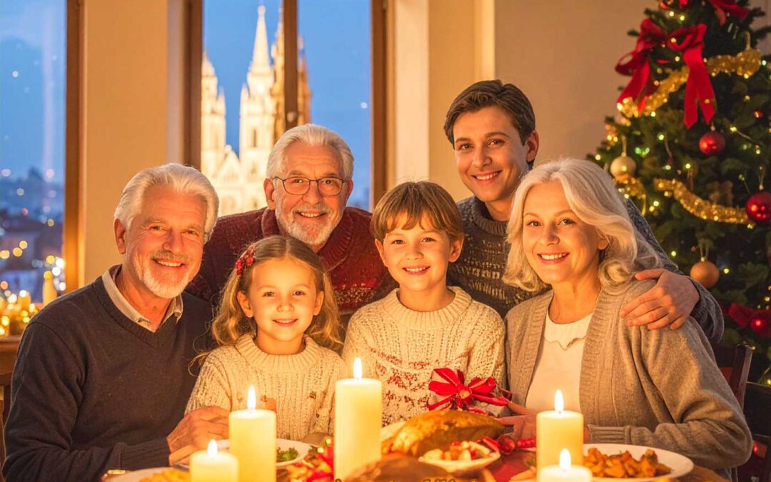 Mehrgenerationenfamilie feiert Weihnachten in Ungarn – mit Kerzenschein, Lachen, Beigli und einem Fest voller Liebe, Tradition und Lichterglanz.