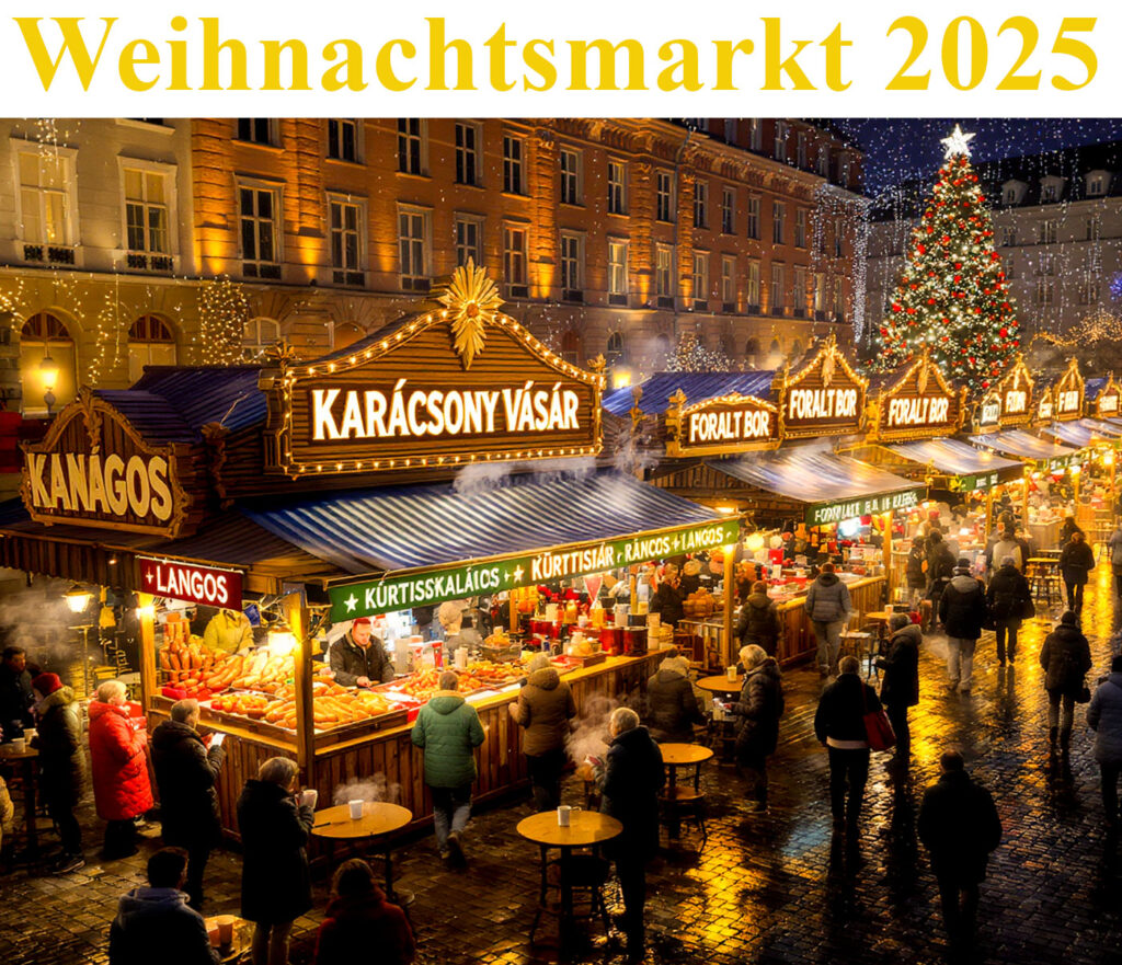 Stimmungsvoller Weihnachtsmarkt 2025 in Budapest mit beleuchteten Ständen für Lángos, Kürtőskalács und Forralt bor, Menschen bummeln über das nasse Kopfsteinpflaster vor einem großen Weihnachtsbaum – ideale Atmosphäre, um das Lebensgefühl zu erleben, wenn man auswandern nach Ungarn als Rentner plant.