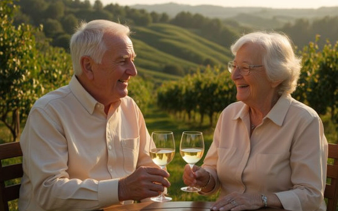 Deutsches Rentner-Paar genießt ein Glas Wein vor den grünen Hügeln des Komitats Zala in Ungarn – Symbol für Lebensfreude, Natur und Ruhestand im Ausland.
