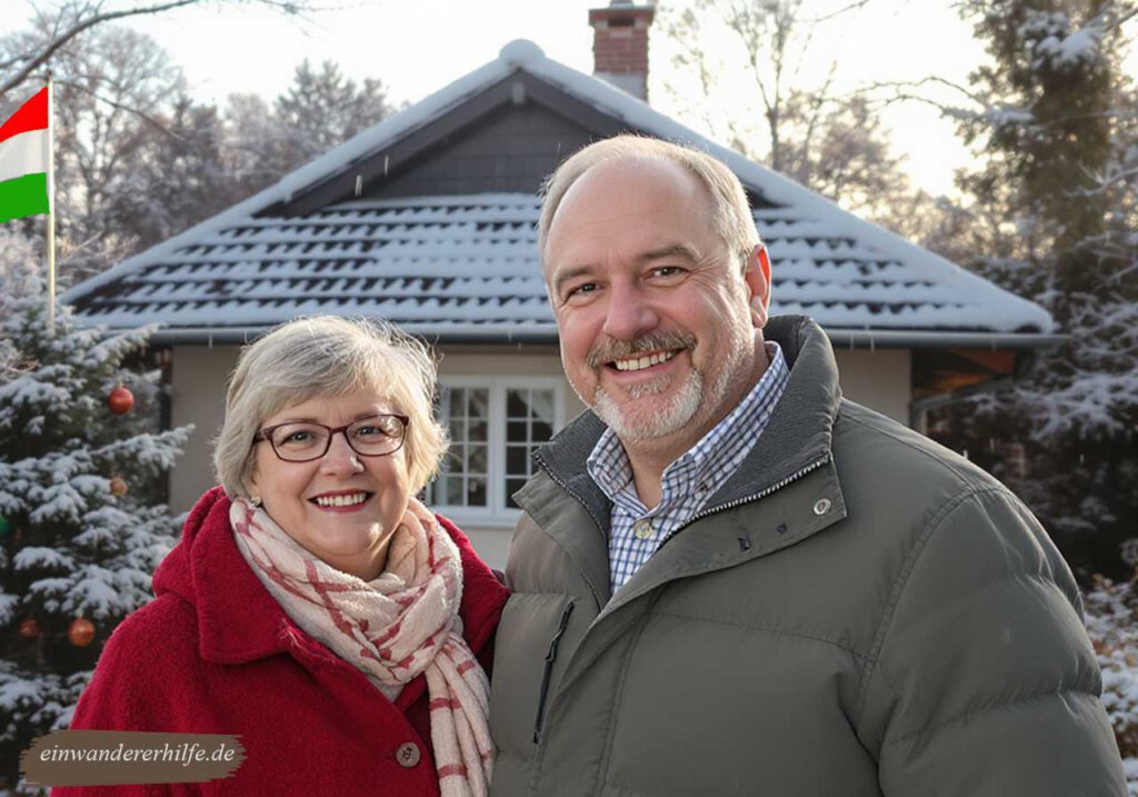 Lächelndes deutsches Auswanderer-Paar steht im Winter vor seinem Haus in Csurgó, Ungarn, mit ungarischer Flagge und verschneitem Garten – Symbol für gelungenen Neustart mit Unterstützung der Einwandererhilfe.