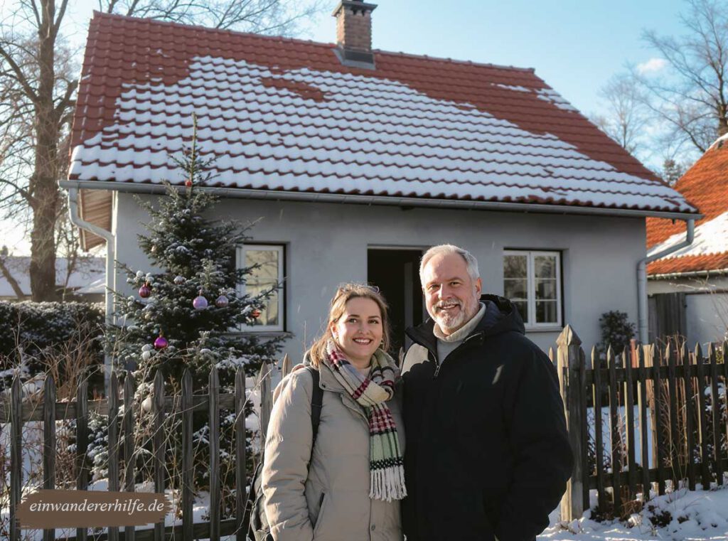 Ein lächelndes Paar steht im Winter vor einem kleinen Haus mit verschneitem Dach und geschmücktem Baum in Encs – eine stimmungsvolle Szene für ein neues Zuhause nach dem Auswandern nach Ungarn.