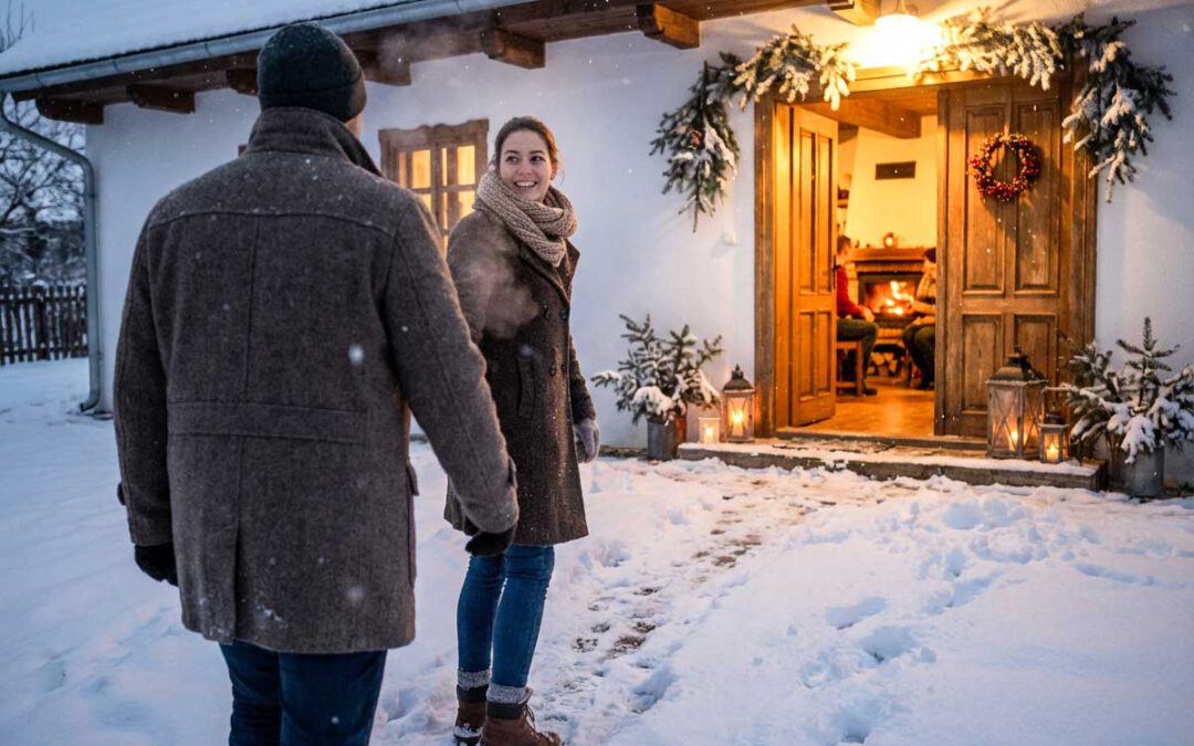 Ein Paar in dicken Wintermänteln steht im verschneiten Hof vor einem traditionell ungarischen Landhaus mit offener Holztür, Kranz und Tannendeko, Laternen mit Kerzen und Blick ins warme Wohnzimmer mit Kaminfeuer und Menschen am Tisch – eine stimmungsvolle Szene, die zeigt, wie heimelig sich der Traum vom Haus kaufen in Ungarn anfühlen kann.