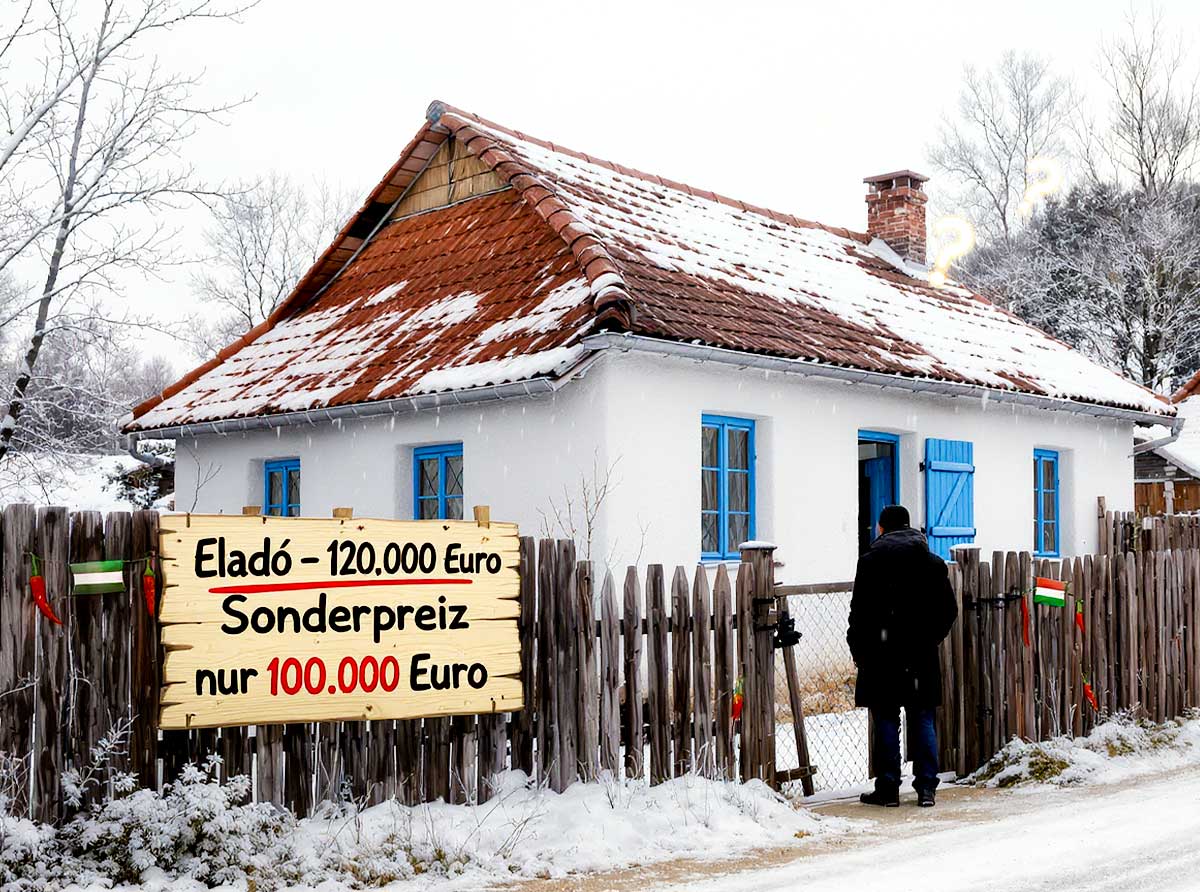 Ein einfaches ungarisches Dorfhaus im Winter mit schneebedecktem Ziegeldach und blauen Fensterläden, umgeben von einem alten Holzlattenzaun mit kleinen ungarischen Fahnen. Vorn am Zaun hängt ein großes Holzschild mit der Aufschrift „Eladó – 120.000 Euro, Sonderpreis nur 100.000 Euro“. Ein Mann im dunklen Wintermantel steht ratlos am Gartentor und betrachtet das Haus, über dem Dach leuchten mehrere Fragezeichen im Himmel. Das Bild symbolisiert Unsicherheit, versteckte Risiken und überhöhte Preise beim Haus kaufen in Ungarn.