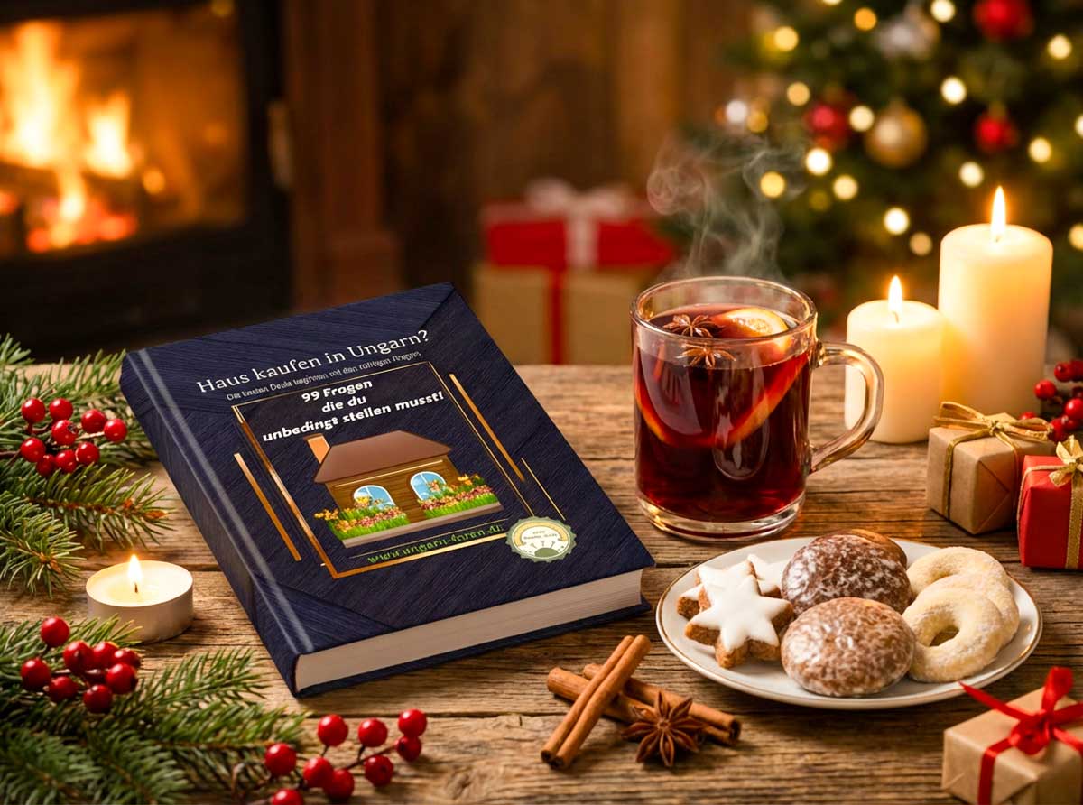 Auf einem rustikalen Holztisch liegt ein dunkelblauer Ratgeber mit dem Titel „Haus kaufen in Ungarn? 99 Fragen, die du unbedingt stellen musst“, daneben eine Tasse dampfender Glühwein, ein Teller mit Weihnachtsplätzchen, Zimtstangen, Kerzen, Tannenzweige und Geschenkpakete vor einem unscharfen Kaminfeuer und Weihnachtsbaum – eine stimmungsvolle Szene rund um die Vorbereitung auf den Immobilienkauf in Ungarn.