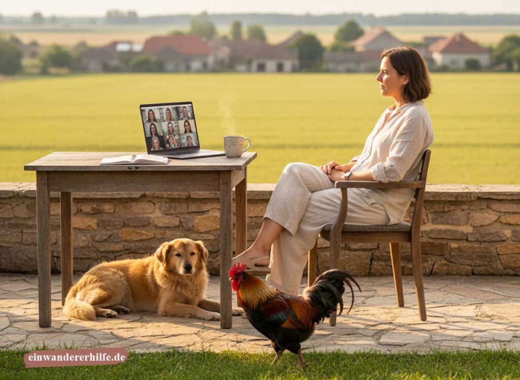 Frau arbeitet remote in Ungarn im Homeoffice auf einer Terrasse mit Blick über weite Felder, vor ihr stehen Laptop mit Videokonferenz und Kaffeetasse auf einem Holztisch, daneben liegt ein Hund am Boden, im Vordergrund läuft ein Hahn – symbolisch für ruhiges Landleben und Remote-Arbeit in Ungarn.