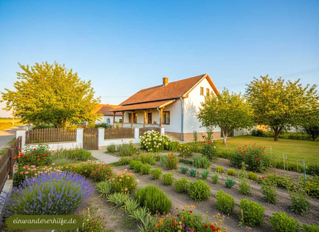 Typisches ungarisches Einfamilienhaus mit gepflegtem Blumen- und Gemüsegarten in ländlicher Lage im Komitat Somogy – Symbol für Auswandern nach Ungarn und ruhiges Leben auf dem Land