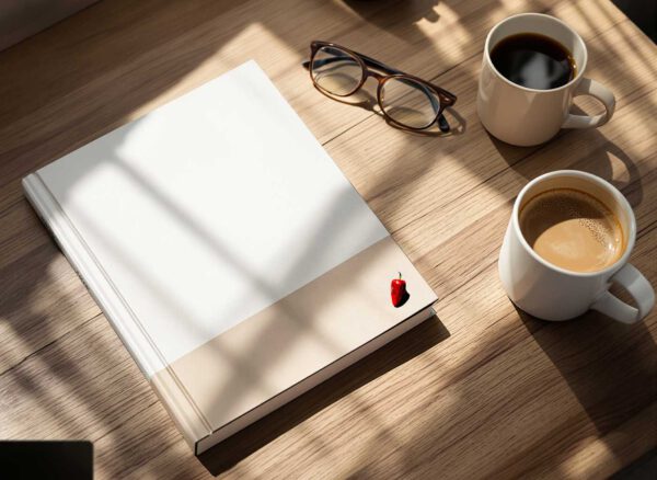 Leeres Buch auf einem hellen Holztisch neben Lesebrille und zwei Kaffeetassen im Sonnenlicht – symbolisches Motiv für das Schreiben und Lesen eines Ratgebers zum Auswandern nach Ungarn